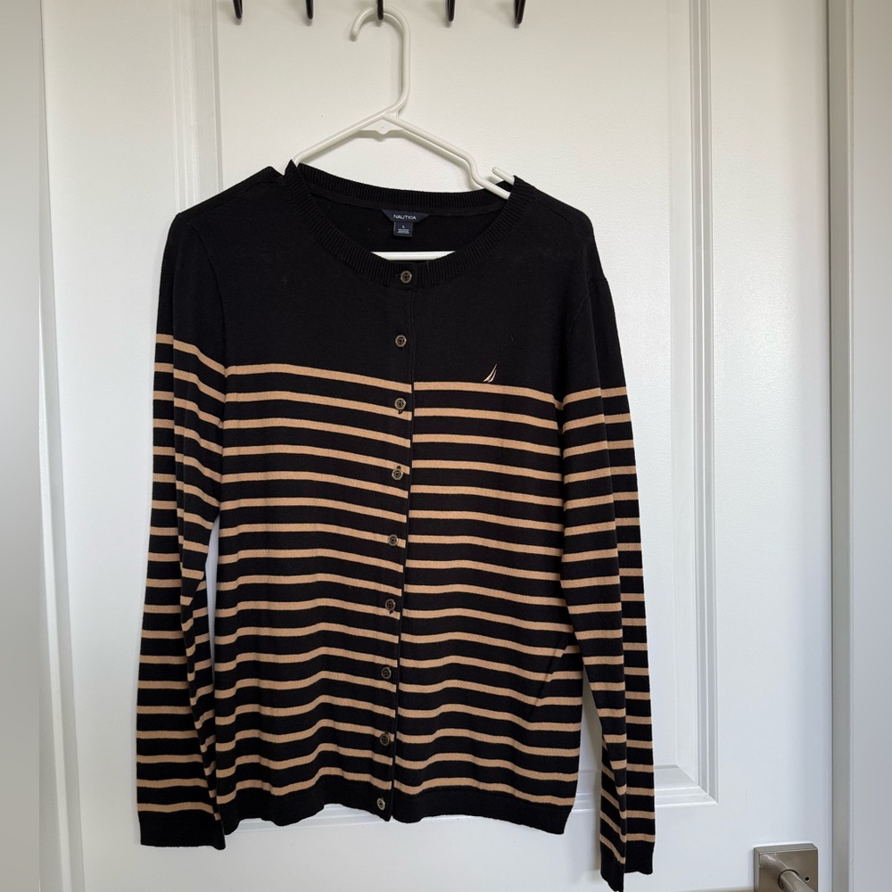 Nautica women's Black and Tan Striped Long Sleeve Shirt